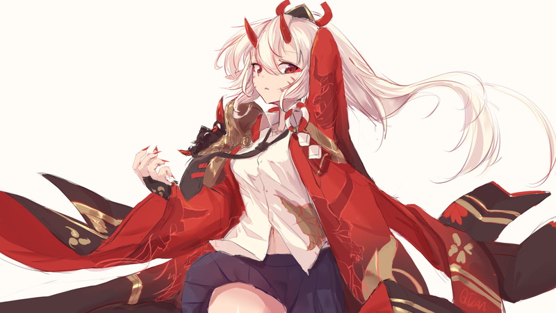 red eyes, painted nails, QTian, anime girls, simple background, horns, miniskirt, 2K, anime, white background, tie