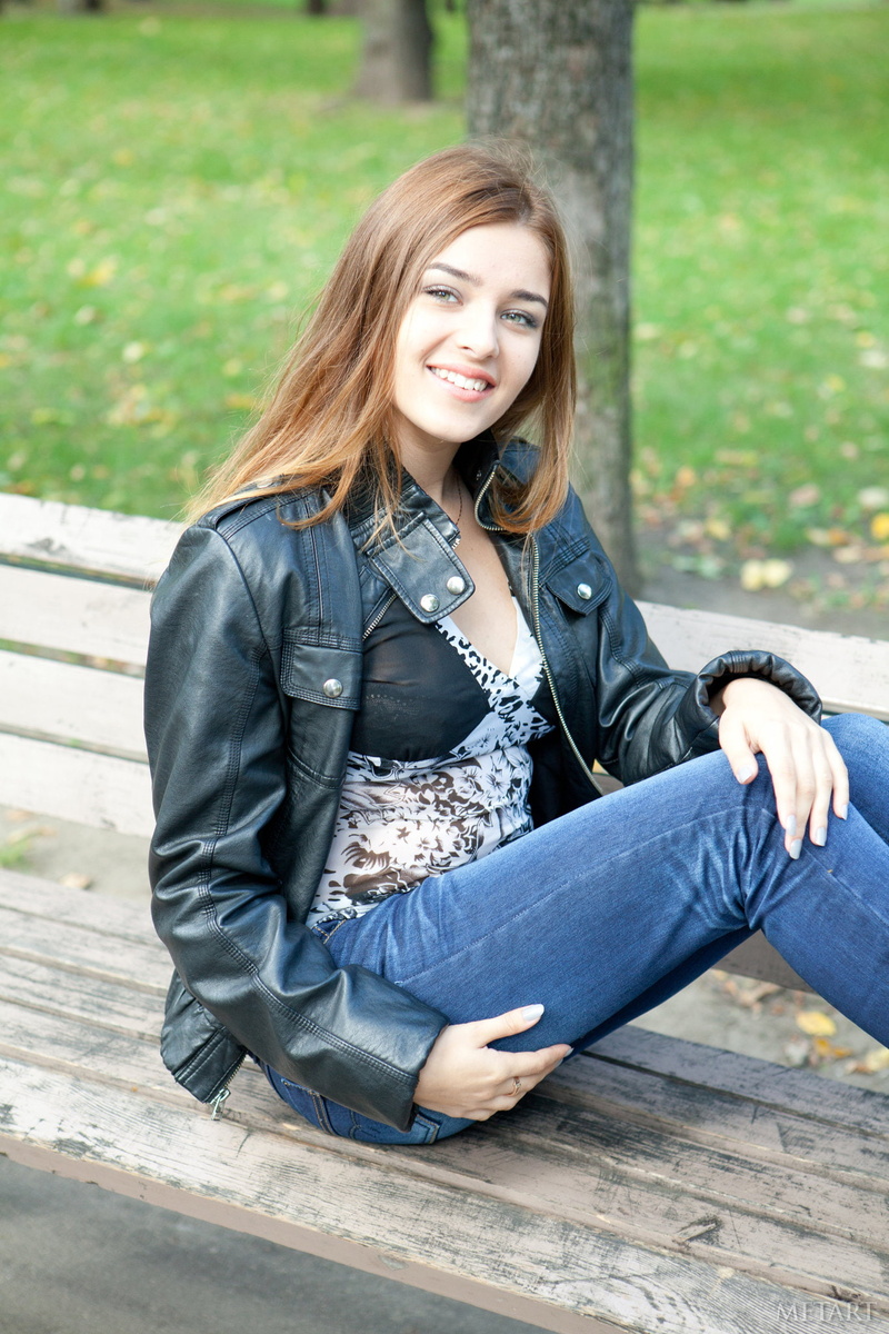 MetArt Magazine, long hair, bench, Adriana F, model, 1080P, sitting, Adriana Morriss, brunette, looking at viewer, smiling, black jackets, leather jackets