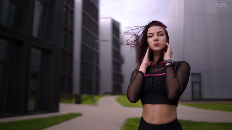 women, Ivan Lebedev, pierced navel, black clothing, belly, 1080P, portrait, building