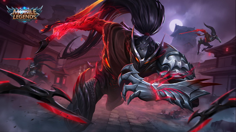 1080P, armor, red, Mobile Legends, magic, warrior, dark hair, ninjas, ponytail, night, men, drawing, Brasenia 1, fighting, assassins, shuriken