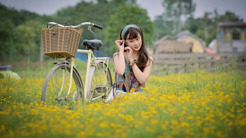 Asian, model, bicycle, women outdoors, 2K, omen, nature, flowers, field