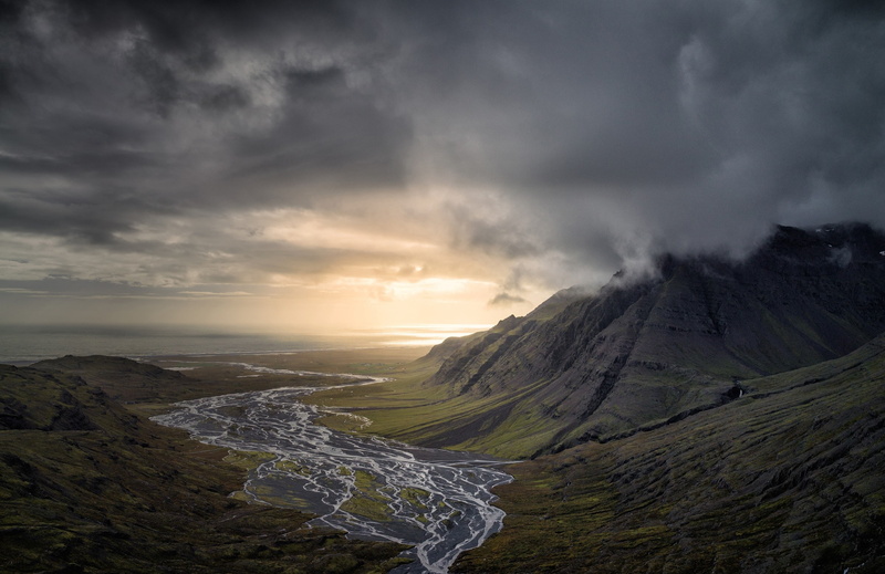 travel destinations, dark, volcano, cloud - sky, idyllic, sunset, mountain, power in nature, river, outdoors, tranquility, no people, dramatic sky, environment