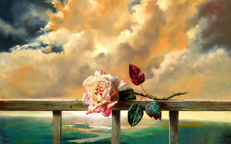 1080P, nubes, arte, pintura, rosa, mar