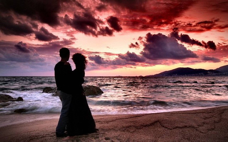 720P, nubes, playa, silueta, enamorados, amanecer