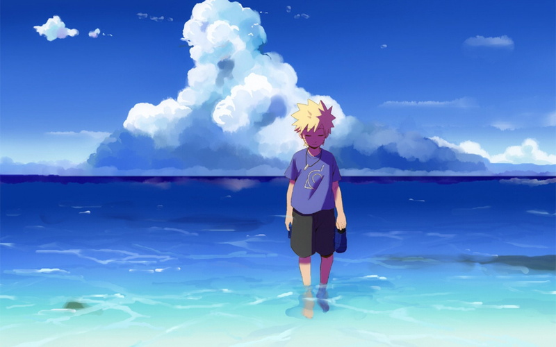 shippuden, kid, water, mar, solitario, anime, 1080P, triste, oceano, naruto, dark, boy, short, sky, blue, hair