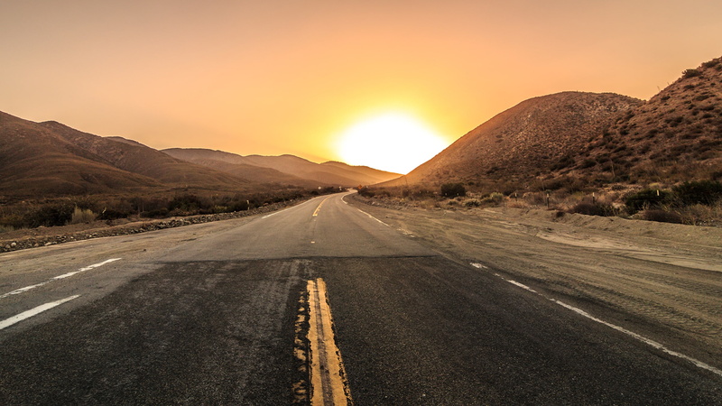 puesta, 2K, carretera, sol