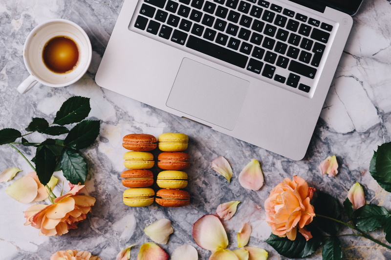 marble backgound, computer, marble table, rose petals, desk, leaf, macaroon, business, orange, no people, cookie, workplace, plant part, computer equipment