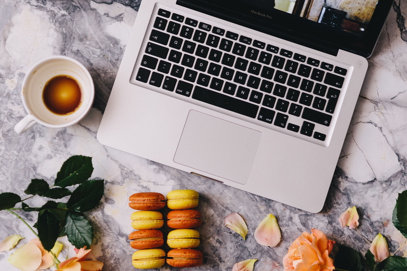 french macaroons, food, computer Keyboard, sweet, macaron, no people, technology, marble table, computer equipment, cookie, connection, coffee - Drink