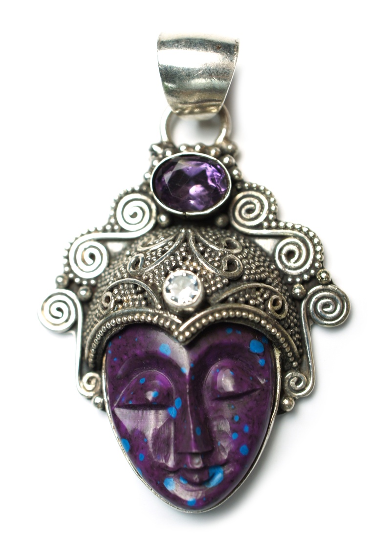 close-up, white background, charm, amethyst, indoors, pendant, jewel, cut out, mask - Disguise, metaphysical, personal Accessory, antique, jewellery, no people