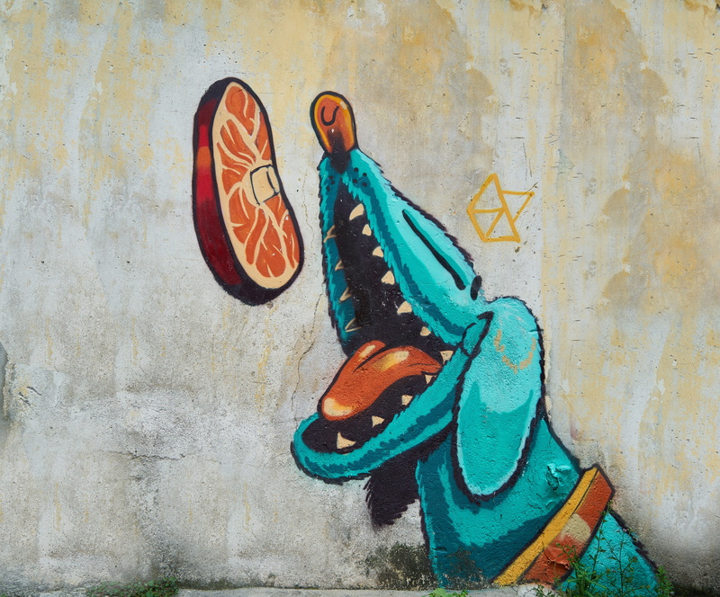 wall - building feature, shoe, creativity, old, building exterior, blue, day, graffiti, dog, fashion, mural, pet, funny, boot, built structure, wall, outdoors