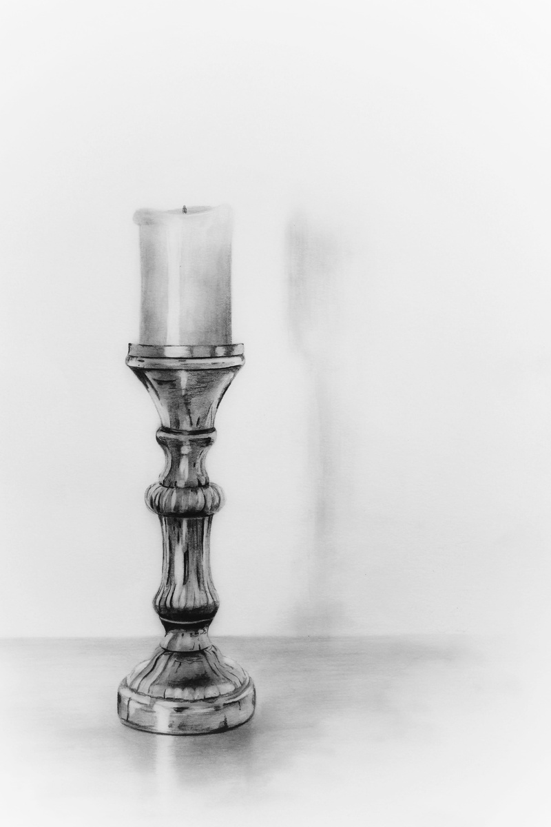 graphite, pencil, studio shot, pencil drawing, metal, still life, single object, candlestick, table, close-up, fragility, gray background, painting, indoors