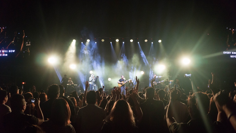 human arm, enjoyment, large group of people, musician, limb, worship, music, spectator, night, stage, lights, popular music concert, rock music, real people