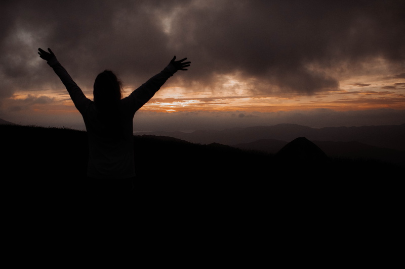 rejoicing, mountain, praise, creation, standing, in awe, freedom, sky, real people, human limb, mountaintop, cloud - sky, sunset, human arm, one person