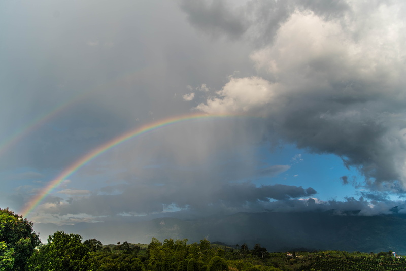 colombia, clouds, rainbow, landscape, verano, overcast, rain, non-urban scene, plant, tranquil scene, arcoiris, lluvia, multi colored, idyllic, tree, sky