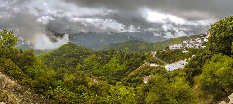 travel, nature, forest  city, 8K, beautiful, tree, green mountains, Sevilla, light, mountain, málaga, white, clouds, Algatocin, cloudy, outdoors, hill