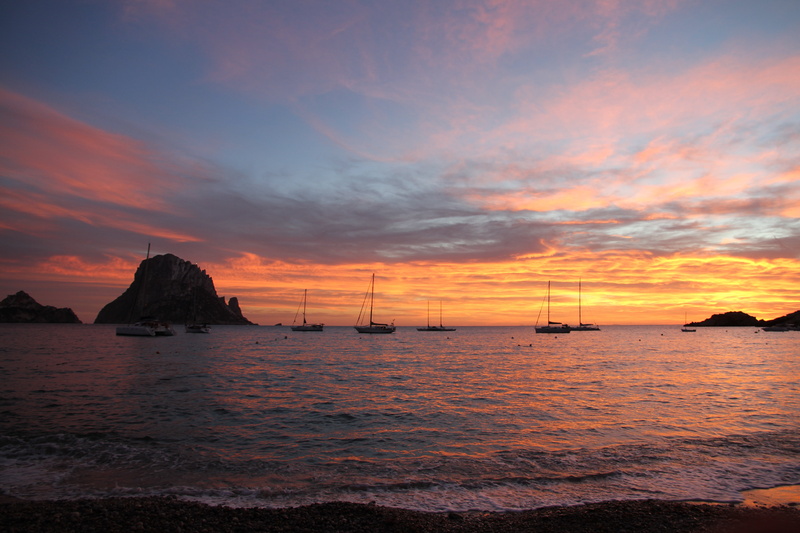 sea, water, vacations, nature, eivissa, scenics, summer, sunlight, es vedra, land, 4K, stack rock, transportation, beauty in nature, sunset, beach, tranquility