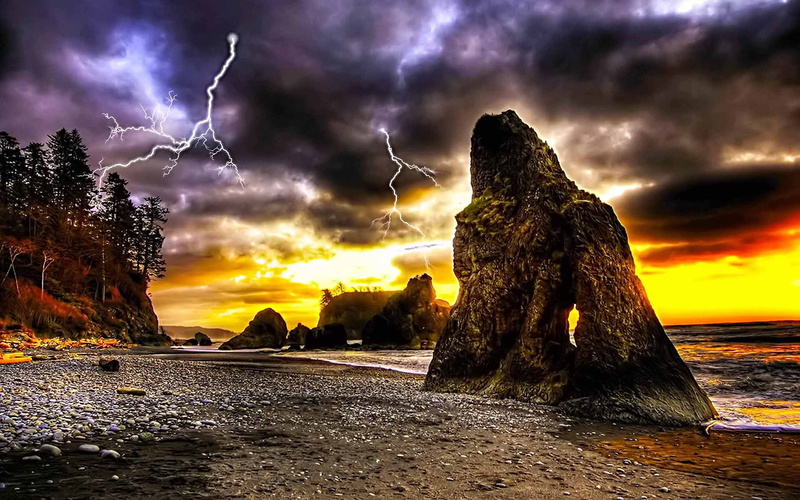 mountain, thunder, rocks, nature, beach, beaches, sky, lightning, hd, 1080P, roar, art