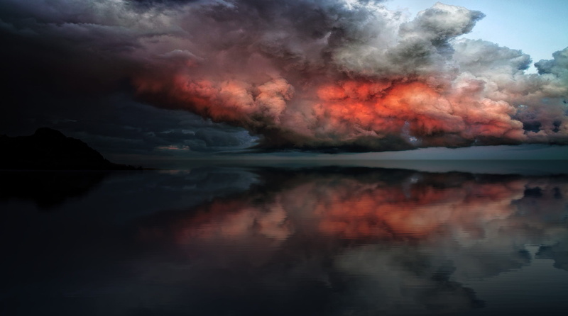 lake, sea, tranquility, pollution, clouds, symmetry, no people, weather, storm, tree, cloud - sky, dramatic sky, environment, 1080P, beauty in nature
