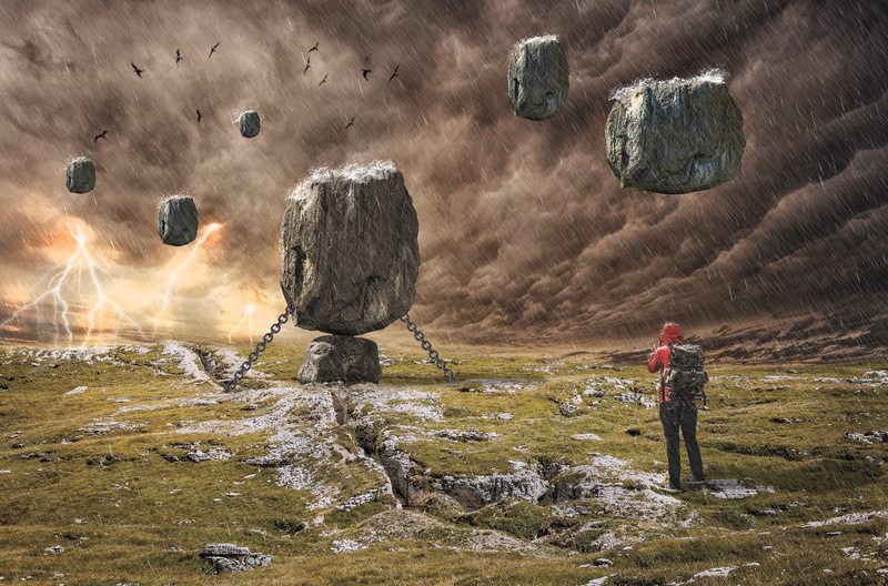 weather, rock formation, powerful, rock - object, environment, rain, standing, erie, 4K, full length, real people, chains, rocks, cloud, stormy sky, dark