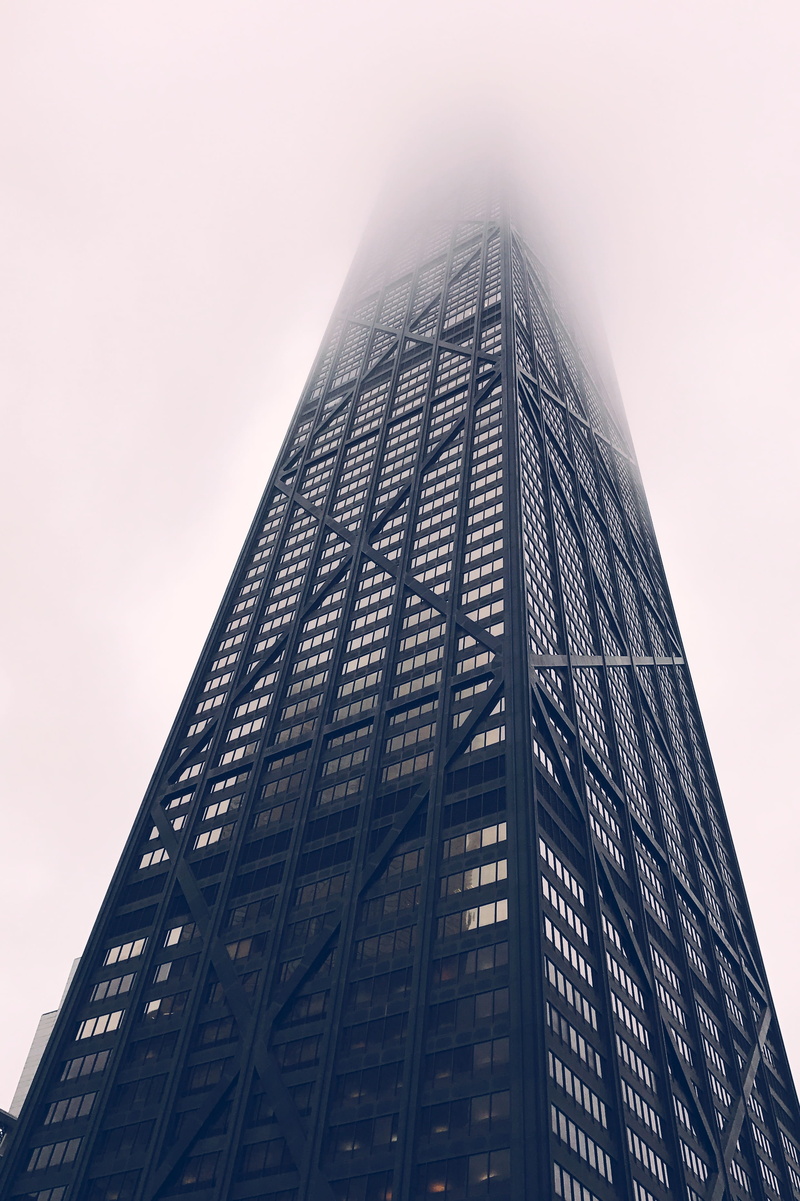 skyscrapers, sky, day, tall, disappearing, tower, mist, clear sky, modern, chicago, outdoors, angle, built structure, no people, building exterior, low