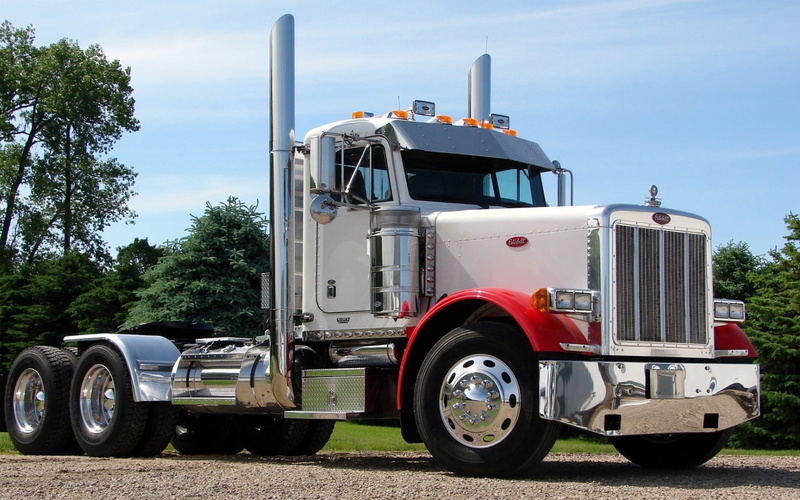 no people, business, semi-truck, tractor, travel, wheel, tree, outdoors, mode of transportation, day, plant, vehicle, trucks, transportation, white, stationary