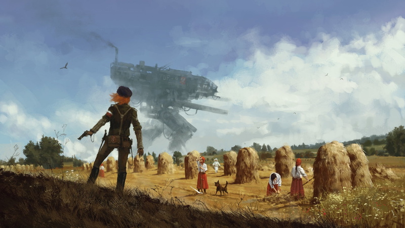 women, science fiction, machine, 1080P, sky, Iron Harvest, futuristic, vintage, artwork, work, field