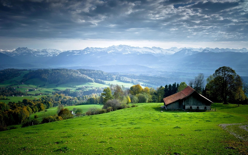 mountains, hills, house, forest, 1080P, prairie, trees, nature, little, meadow, landscape, valleys, meadows, grass