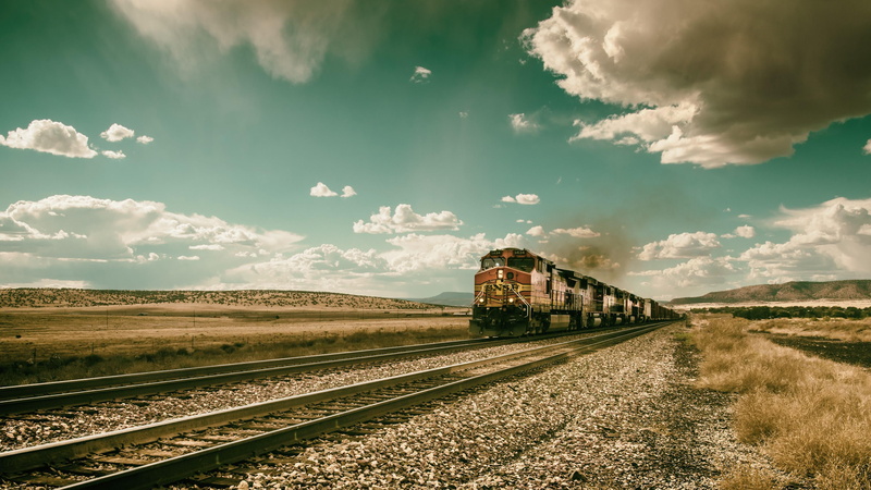 railroad, grass, steppe, rural area, sky, fluffy, sunlight, prairie, 4K, rail transport, plain, transport, cloud, grassland, field, horizon, fluffy clouds