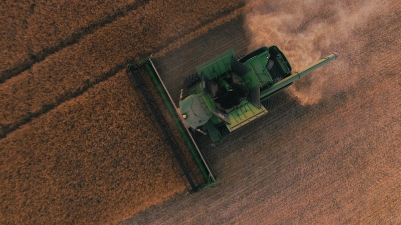 photography, aerial view, dust, equipment, harvesting, canola, drone, combine, harvest, agricultural machinery, crops, farm, harvester, landscape, nature