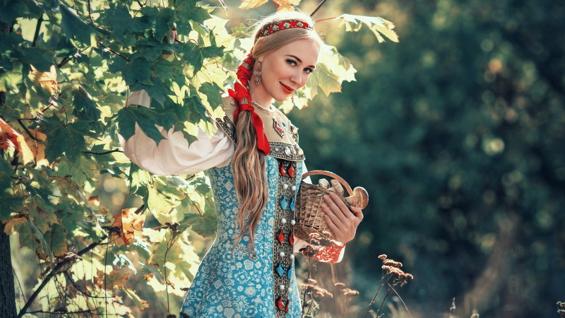 women, white, outfit, sundress, dress, folk costume, blonde, Russian beauty, blue, mushrooms, braid, Russian style, sleeved, tape, decoration, 2K, foliage