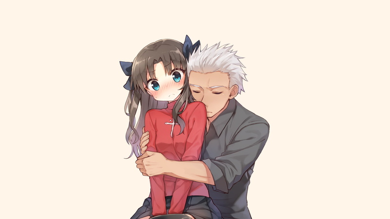 front view, females, hugging, ribbon, looking at camera, Archer (Fate/Stay Night), twintails, anime, lifestyles, costume, two people, studio shot, white background