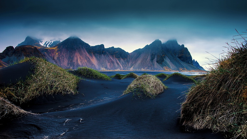 sand, mountains, environment, 1080P, Iceland, black, cloud - sky, scenics - nature, idyllic, water, no people, plant, beach, grass, dune, mountain peak