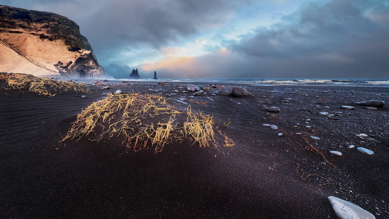 mountain, photograph, sand, sky, horizon over water, no people, solid, volcano, Iceland, water, rock, cloud - sky, rock - object, beauty in nature, motion