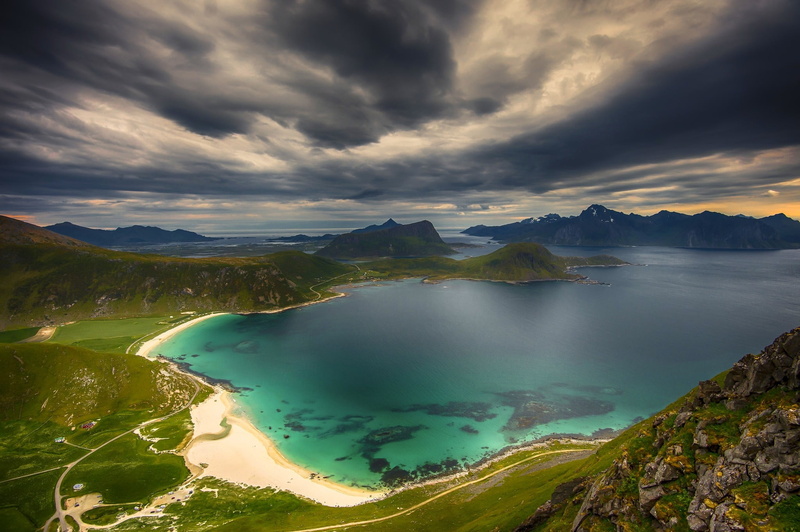 Utsikt, grass, travel destinations, landscape, tranquility, Norway, scenics - nature, beauty in nature, beach, no people, bay, cloud - sky, idyllic, non-urban scene