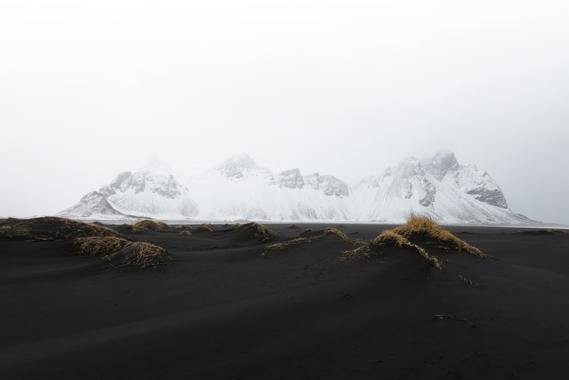 white, Norway, snow, landscape, black, nature, mist, mountains, black sand, 1080P