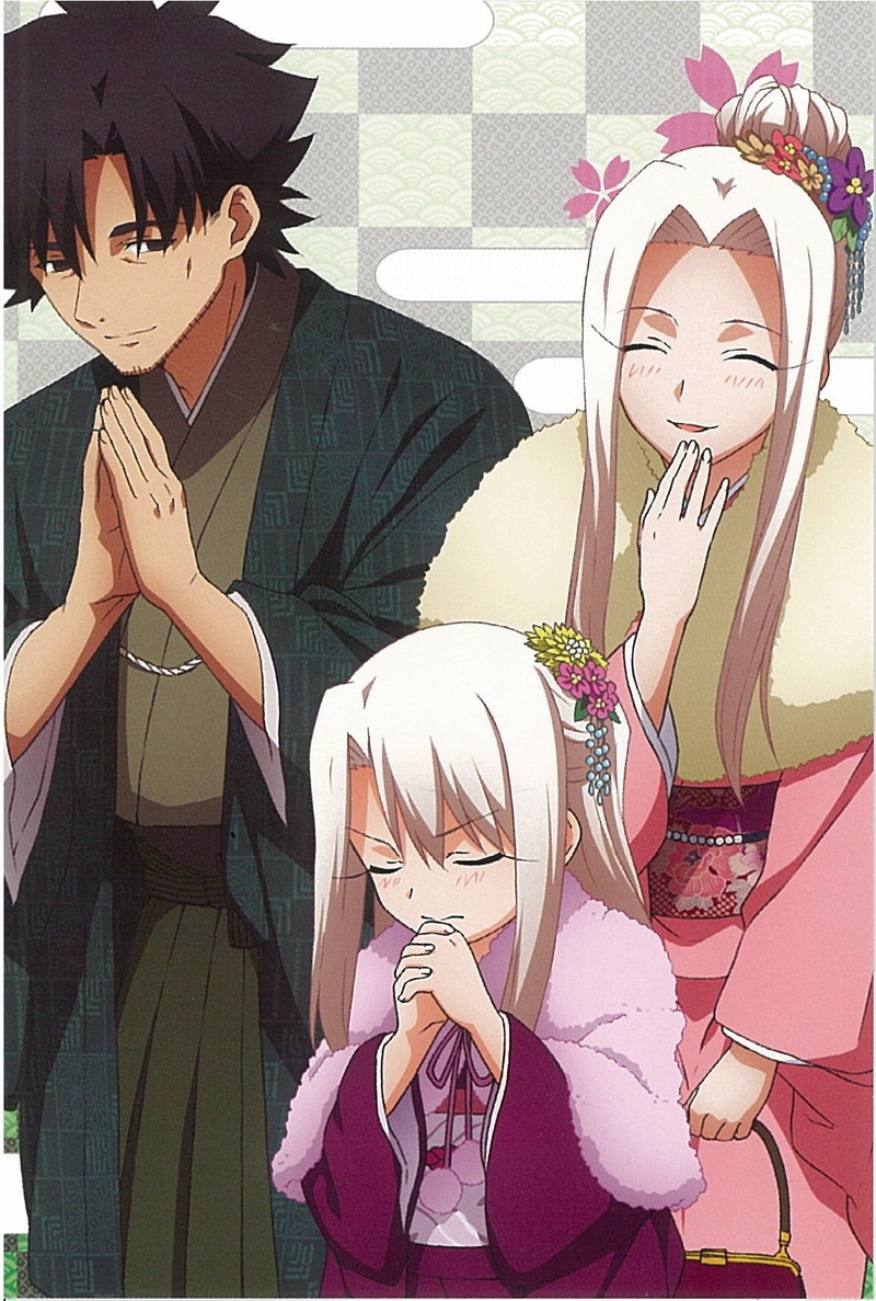 720P, males, illustration, characters, holding, person, waist up, mask, females, anime, Fate/Zero, togetherness, three, women, Kiritsugu Emiya, Illyasviel von Einzbern