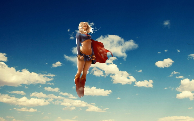 cape, sky, 1080P, blonde, DC Comics, Supergirl, artwork, superhero, superheroines, digital art, clouds, anime, flying