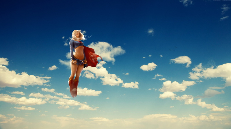blonde, clouds, sky, artwork, cape, flying, superhero, superheroines, Supergirl, DC Comics, 2K, anime, digital art