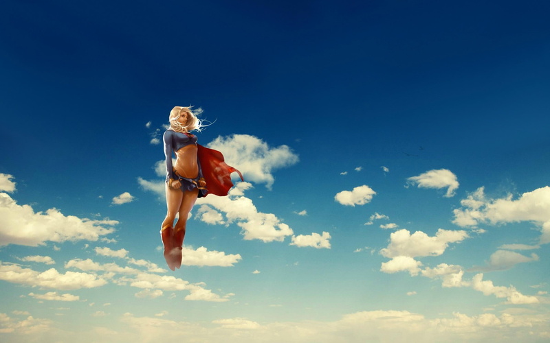 superheroines, cape, flying, Supergirl, anime, artwork, DC Comics, clouds, 1080P, superhero, sky, blonde, digital art