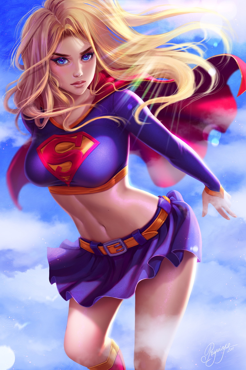 artwork, cape, Supergirl, belly, DC Comics, superheroines, blue eyes, looking at viewer, digital art, flying, miniskirt, drawing, 5K, fan art, illustration