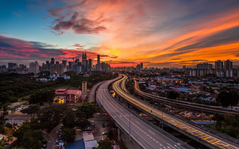 highway, cityscape, way, hd, 1080P, freeway, skyscrapers, buildings, sunset