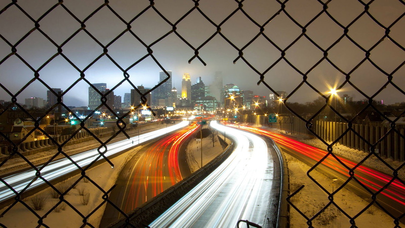 fence, lights, hd, timelapse, night, skyscrapers, highway, cityscape, buildings, 720P, fog, way, freeway, mist
