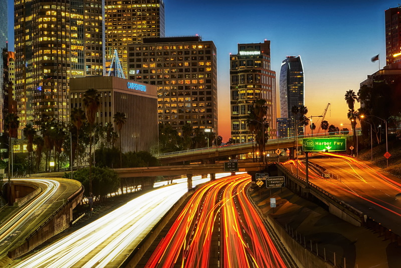 night, downtown District, famous Place, city Life, built Structure, cars, car, urban Skyline, way, angeles, time, lapse, 720P, buildings, street, highway