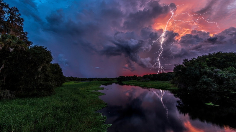 river, trees, landscape, reflection, Florida, nature, sunset, forest, USA, water, clouds, grass, storm, 1080P, lightning