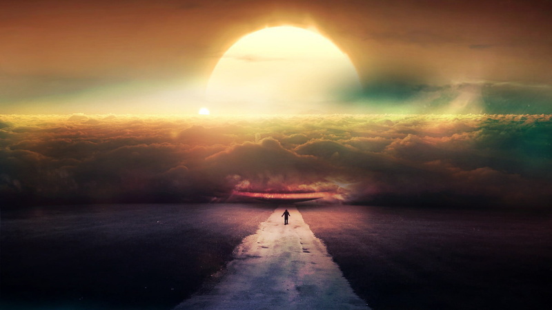 direction, golden, ethereal, nature, one person, hour, landscape, cloud - sky, sky, standing, sunbeam, digital composite, 1080P, the way forward, person