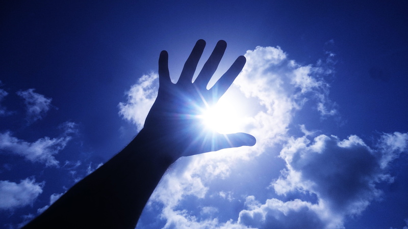lens flare, hand, reaching, body part, religion, light - natural phenomenon, cloud - sky, sunbeam, clouds, human hand, blue, heaven, sunlight, human limb