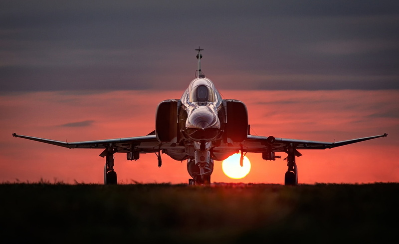orange color, transportation, Phantom, no people, mode of transportation, ii, drone, nature, 1080P, flying, airplane, sunset, dusk, front view, Army, McDonnell