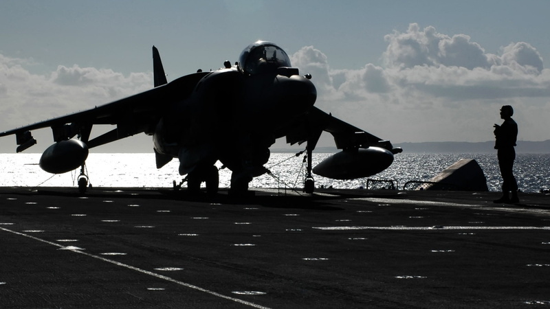 outdoors, AV-8B Harrier II, airport, nature, sky, unrecognizable person, mode of transportation, jets, aircraft, standing, military aircraft, military