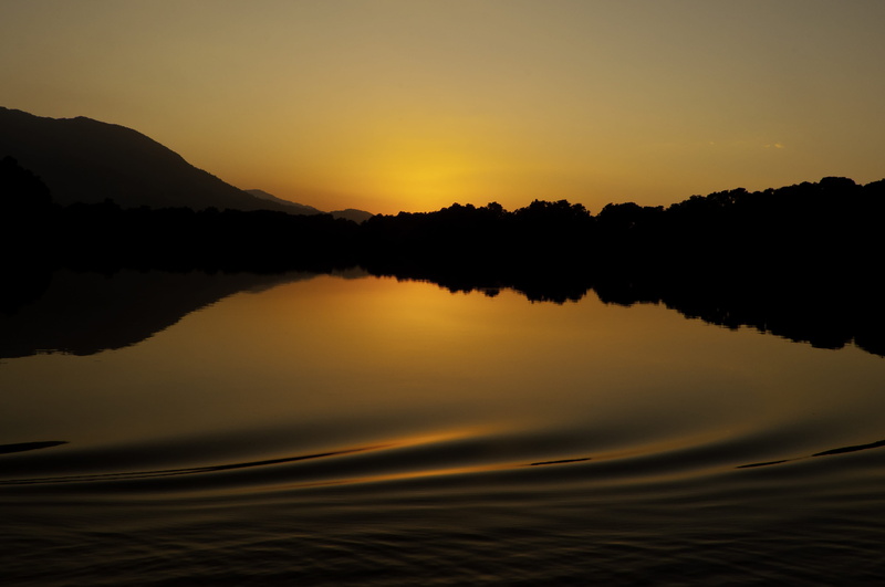 lake, tranquil scene, water, el cacao, lagun, no people, sky, tree, waterfront, silhouette, orange color, idyllic, tranquility, 4K, scenics - nature, outdoors