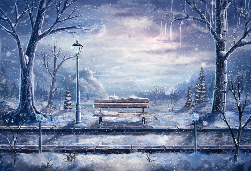road, 1080P, digital composite, bench, seat, tranquil scene, art, snowing, brown, railroad, scenics - nature, street light, no people, extreme weather
